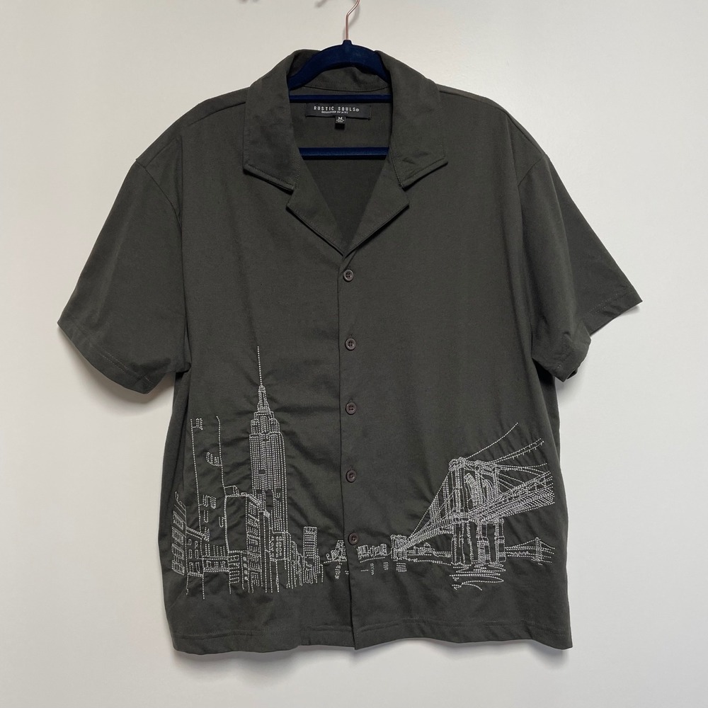 Rustic Souls Mens NYC Embroidered Short Sleeve Button Up Shirt Size M Black Gray